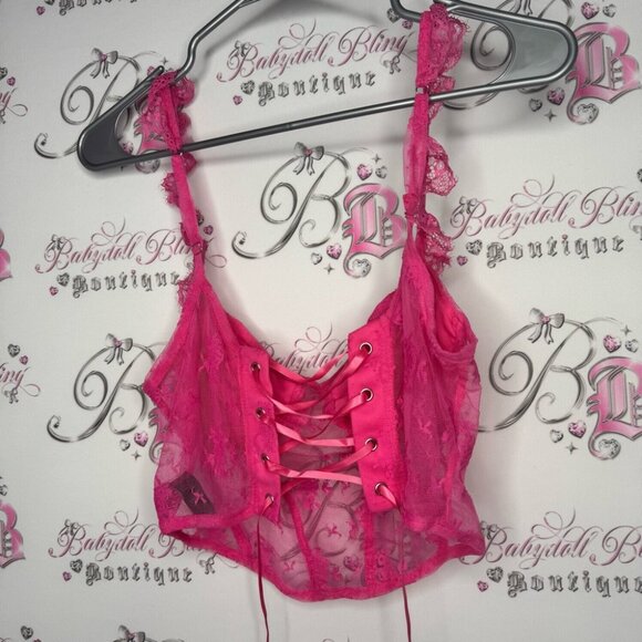 Cider tank top crop bustier corset lace up Lacie pink sexy ruffle straps floral - Picture 2 of 8